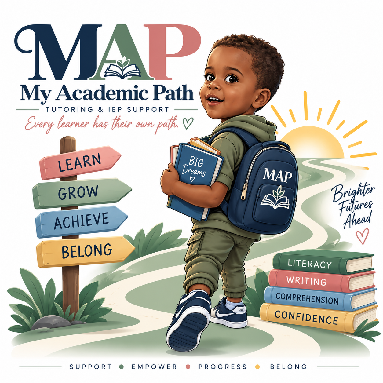 MAP mascot carrying books along a learning path